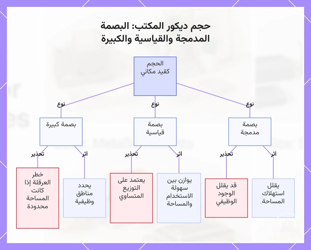 حجم ديكور المكتب: البصمة المدمجة والقياسية والكبيرة