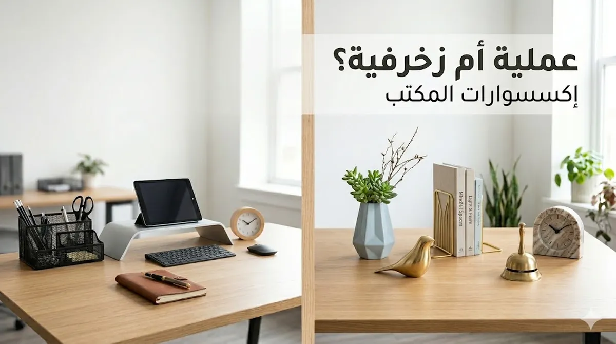 إكسسوارات مكتب عملية وزخرفية معروضة جنبًا إلى جنب على مكتب