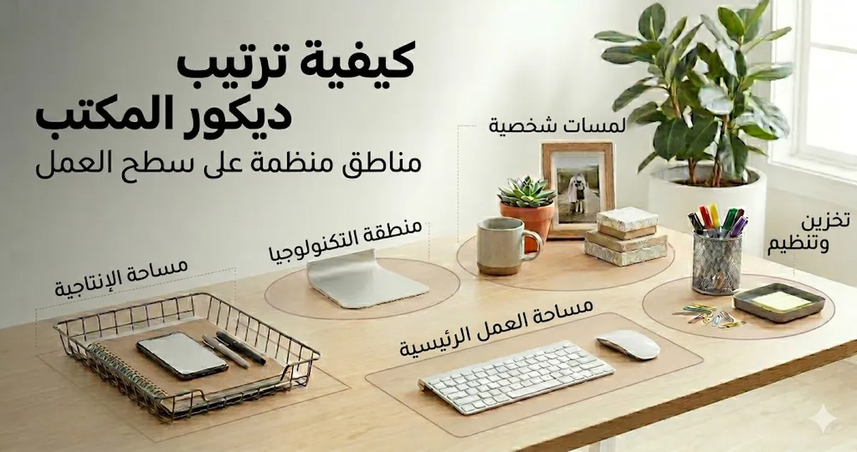 إكسسوارات ديكور مكتب مرتبة في مناطق منظمة على سطح العمل