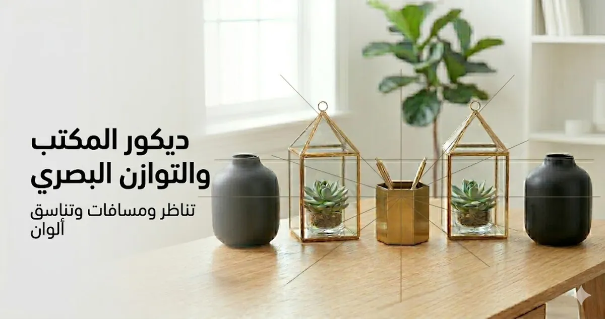 إكسسوارات ديكور مكتب متوازنة بالتناظر والمسافات وتناسق الألوان