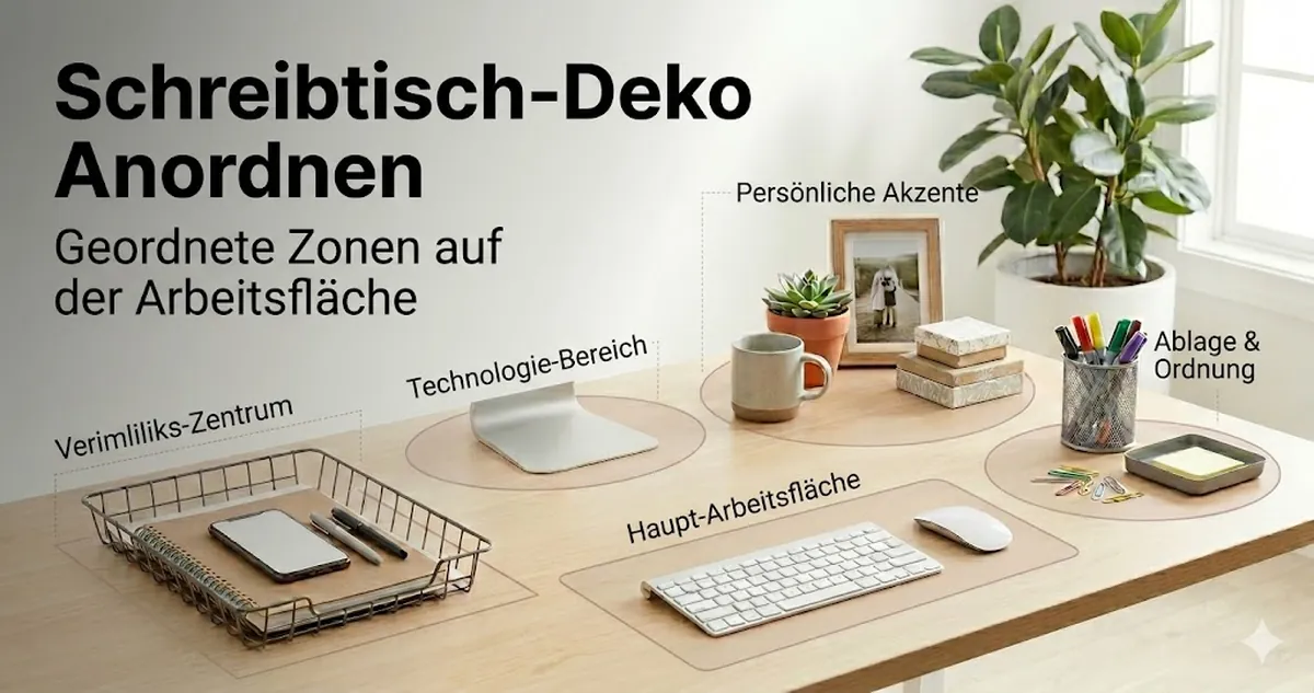 Schreibtisch-Deko-Accessoires in geordneten Zonen auf einer Arbeitsfläche angeordnet