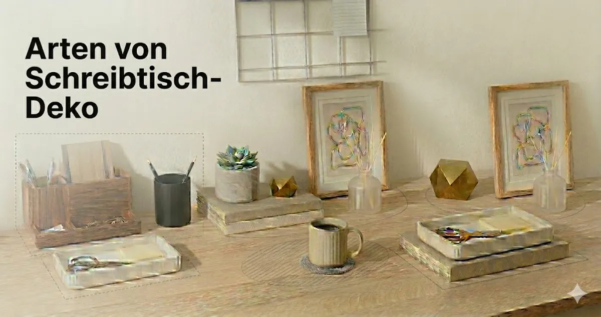 Verschiedene Arten von Schreibtisch-Deko-Accessoires nach Funktion und dekorativem Stil gruppiert
