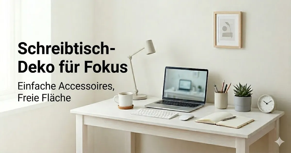 Fokussierter Arbeitsplatz mit einfachen Schreibtisch-Deko-Accessoires und freier Arbeitsfläche