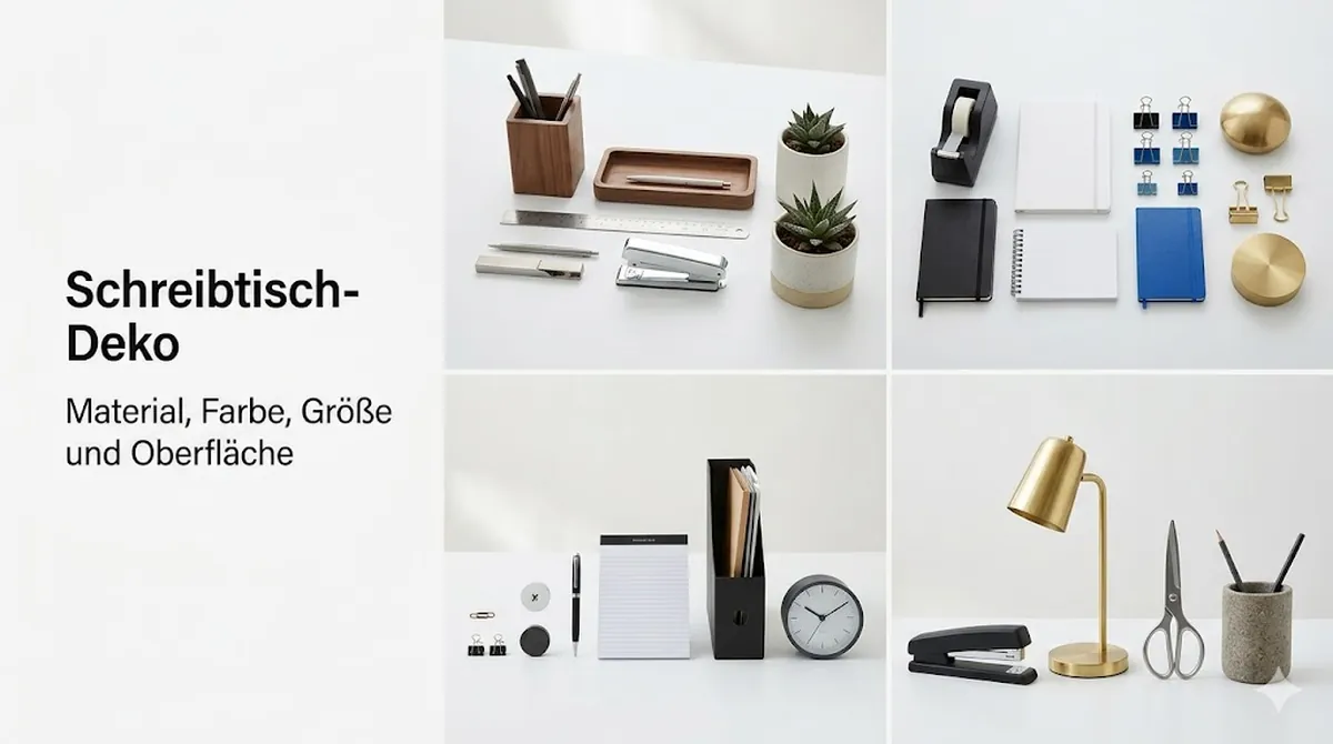 Schreibtisch-Deko-Accessoires nach Material, Farbe, Größe und Oberfläche angeordnet