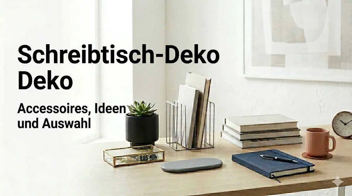 Stilvoll eingerichteter Schreibtisch mit verschiedenen ordentlich platzierten Deko-Accessoires