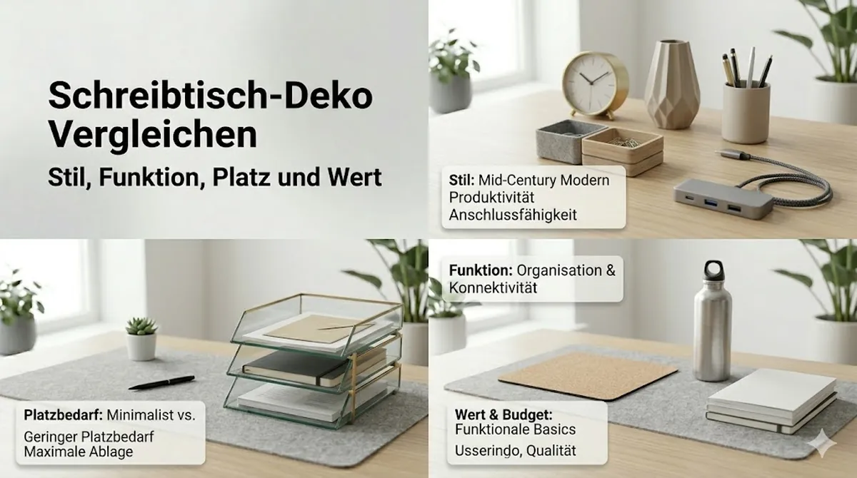 Schreibtisch-Deko-Accessoires nach Stil, Funktion, Platzbedarf und Wert verglichen