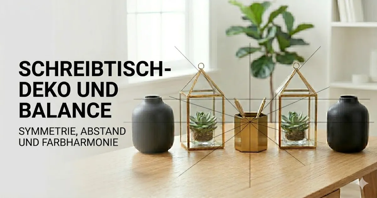 Ausgewogene Schreibtisch-Deko-Accessoires mit Symmetrie, Abstand und Farbharmonie