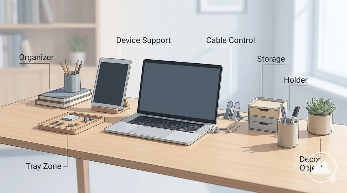 Beschriftete Schreibtisch-Deko-Accessoires in einer Arbeitsplatz- und Homeoffice-Ausstattung, die organisierte Arbeitsplatzkategorien mit freier Stellfläche zeigt