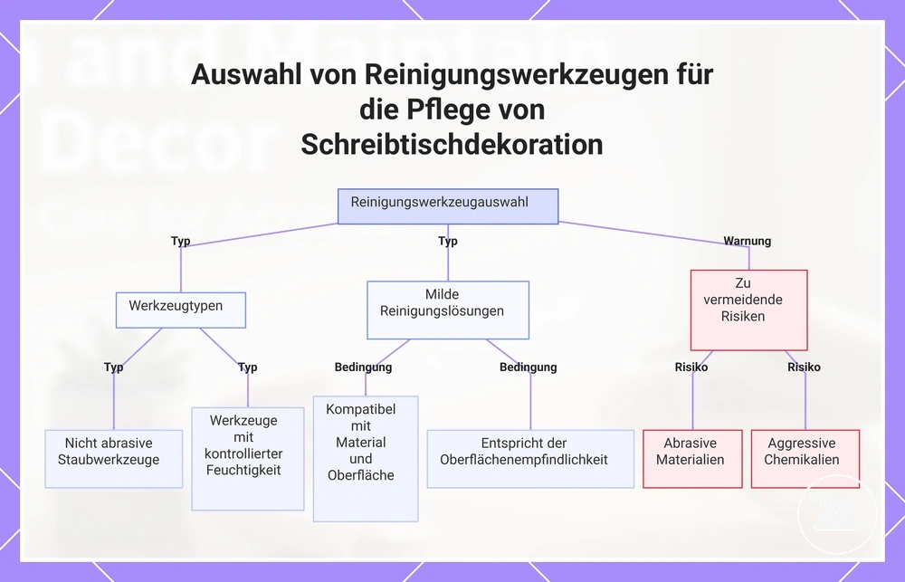 Auswahl von Reinigungswerkzeugen für die Pflege von Schreibtischdekoration