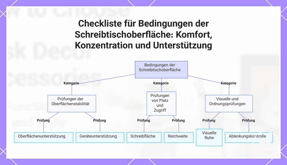 Checkliste für Bedingungen der Schreibtischoberfläche: Komfort, Konzentration und Unterstützung