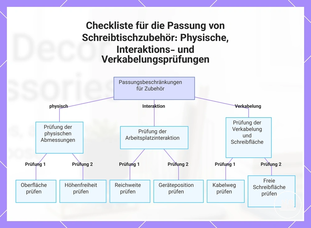 Checkliste für die Passung von Schreibtischzubehör: Physische, Interaktions- und Verkabelungsprüfungen