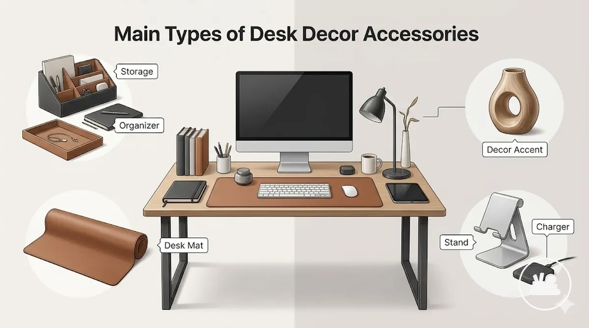 Vergleichsgrafik mit den Hauptarten von Schreibtisch-Deko-Accessoires nach Funktion