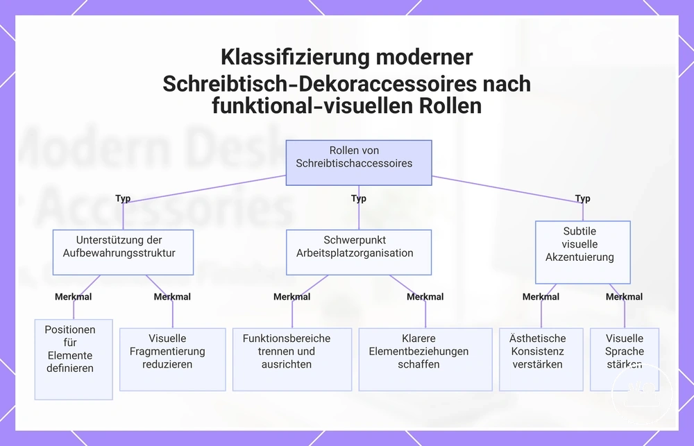 Klassifizierung moderner Schreibtisch-Dekoraccessoires nach funktional-visuellen Rollen