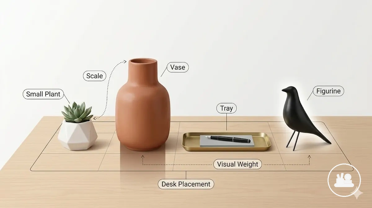 Kleine Pflanze, Vase, Tablett und Figur als dekorative Akzentobjekte auf dem Schreibtisch