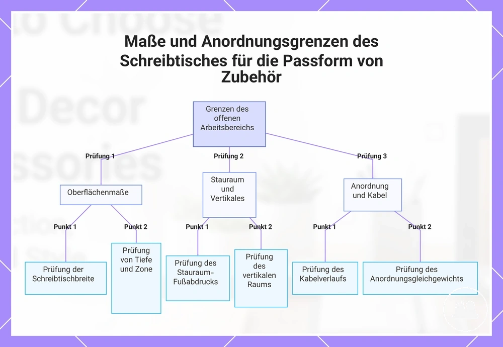Maße und Anordnungsgrenzen des Schreibtisches für die Passform von Zubehör
