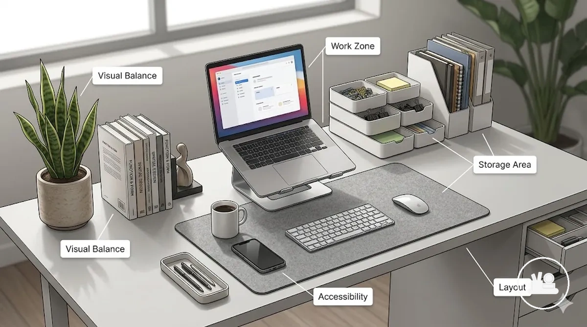 Desk-Zonen-Layout mit funktionalen Arbeitsplatzbereichen