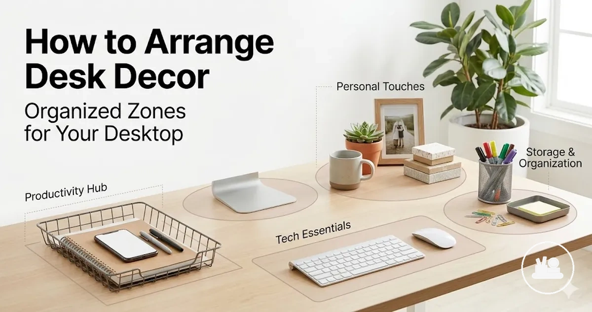 Desk decor accessories arranged into organized zones on a desktop