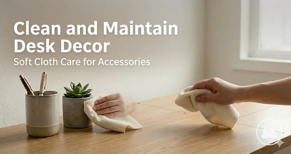Desk decor accessories being cleaned and maintained with a soft cloth