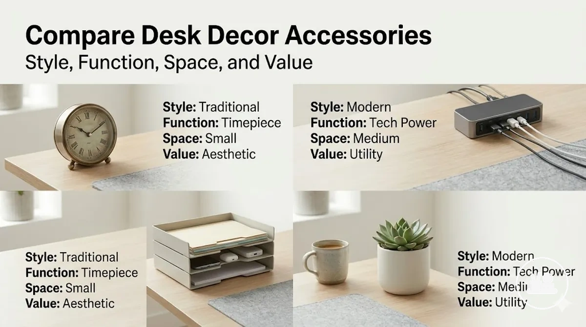 Desk decor accessories compared by style, function, space needs, and value
