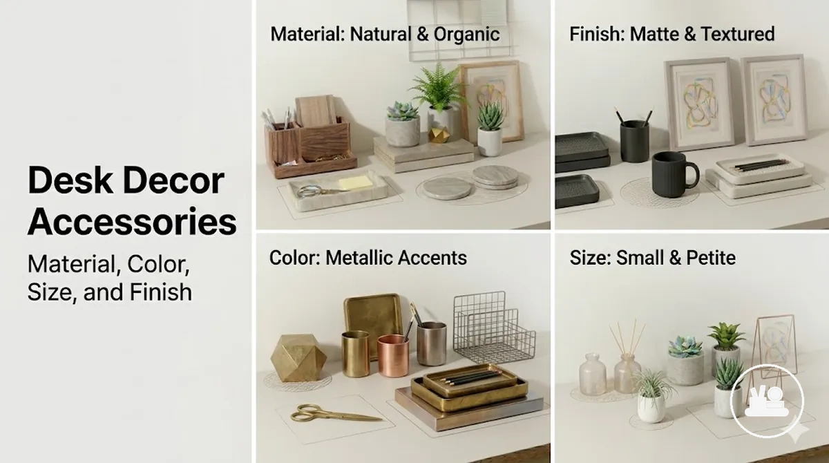 Desk decor accessories arranged by material, color, size, and finish