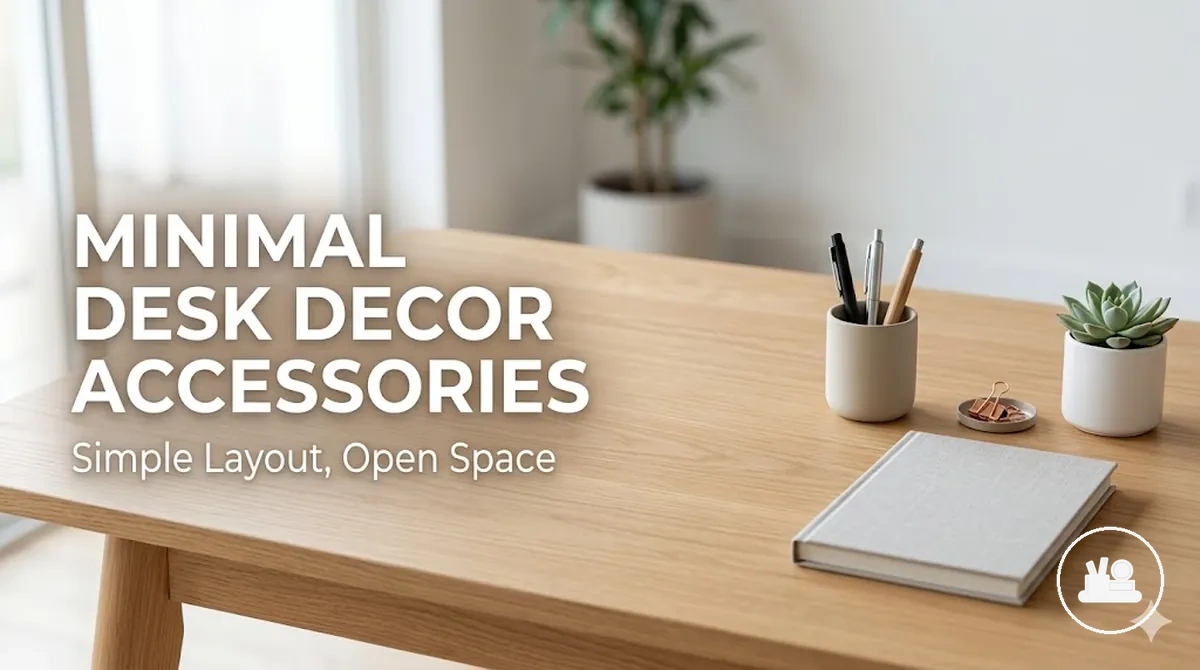 Minimal desk decor accessories arranged with open space on a clean desk