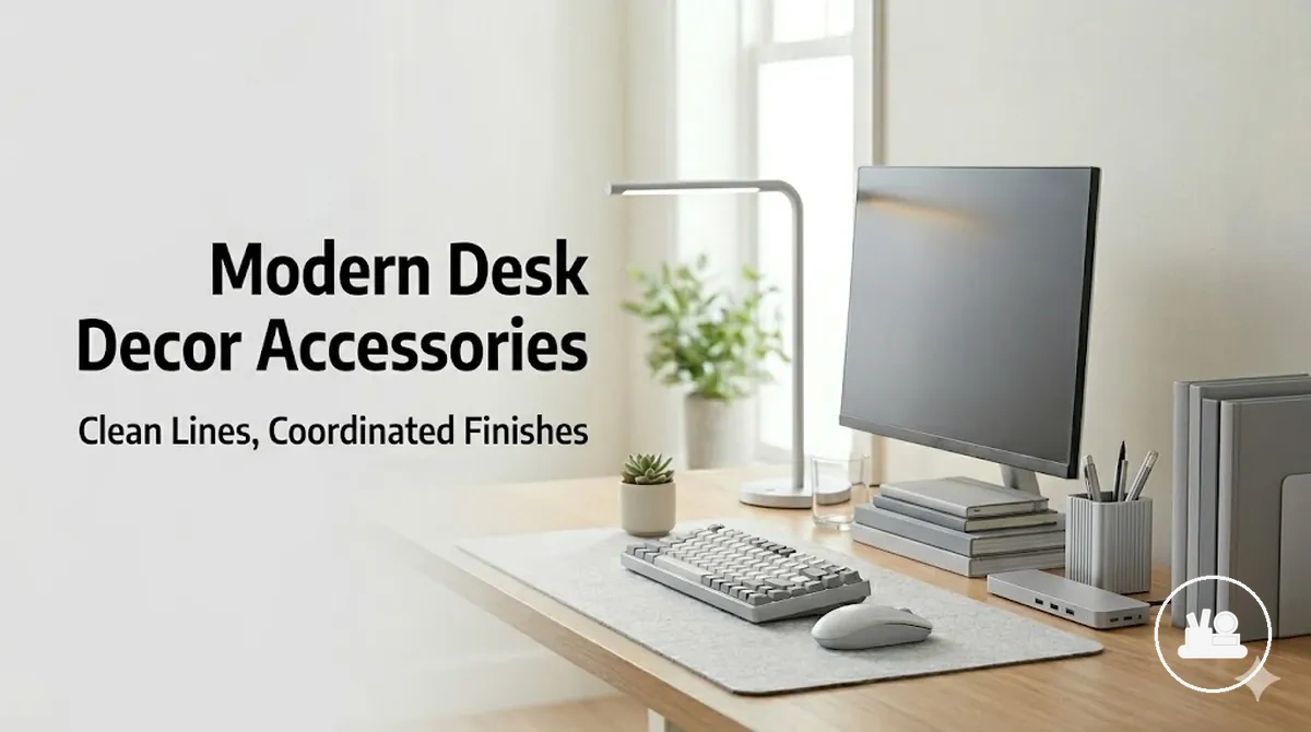 Modern desk decor accessories with clean lines and coordinated finishes