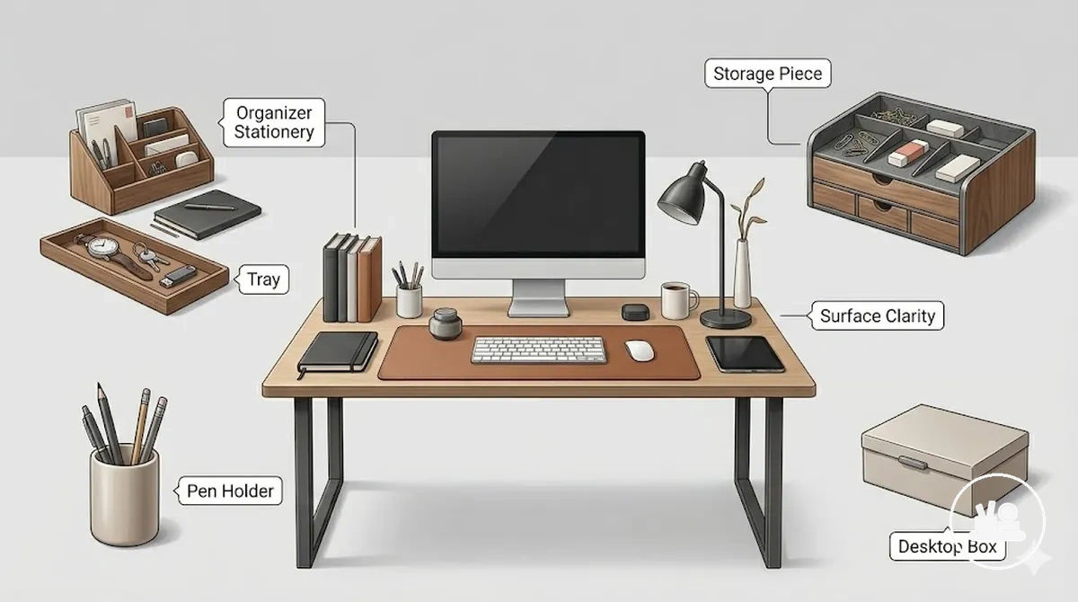 Desk organizers, trays, and storage pieces arranged by storage role and footprint