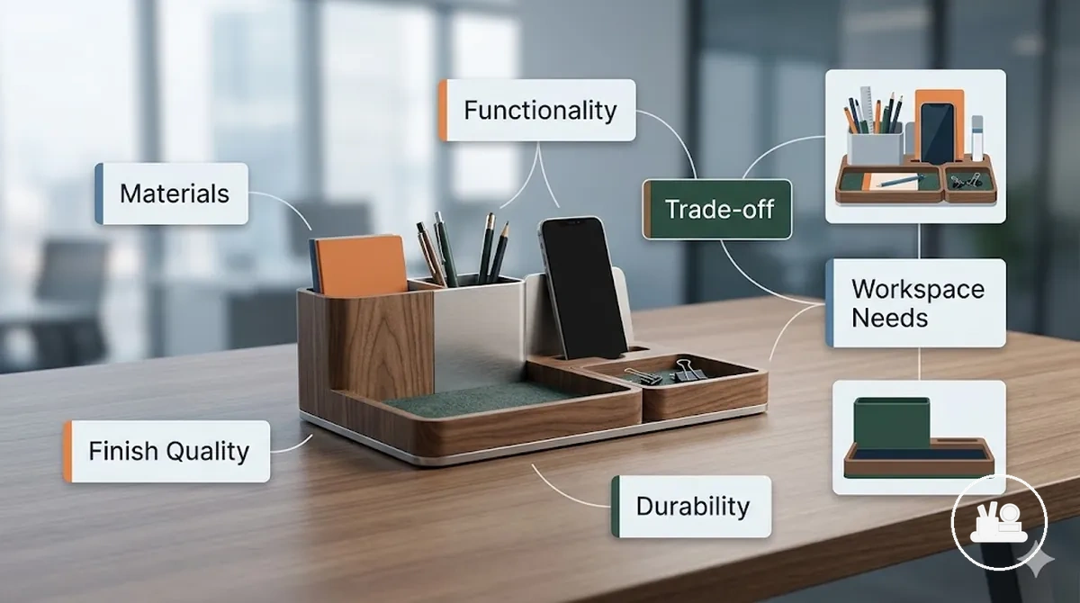 Evaluation criteria for desk decor accessories based on materials functionality and durability