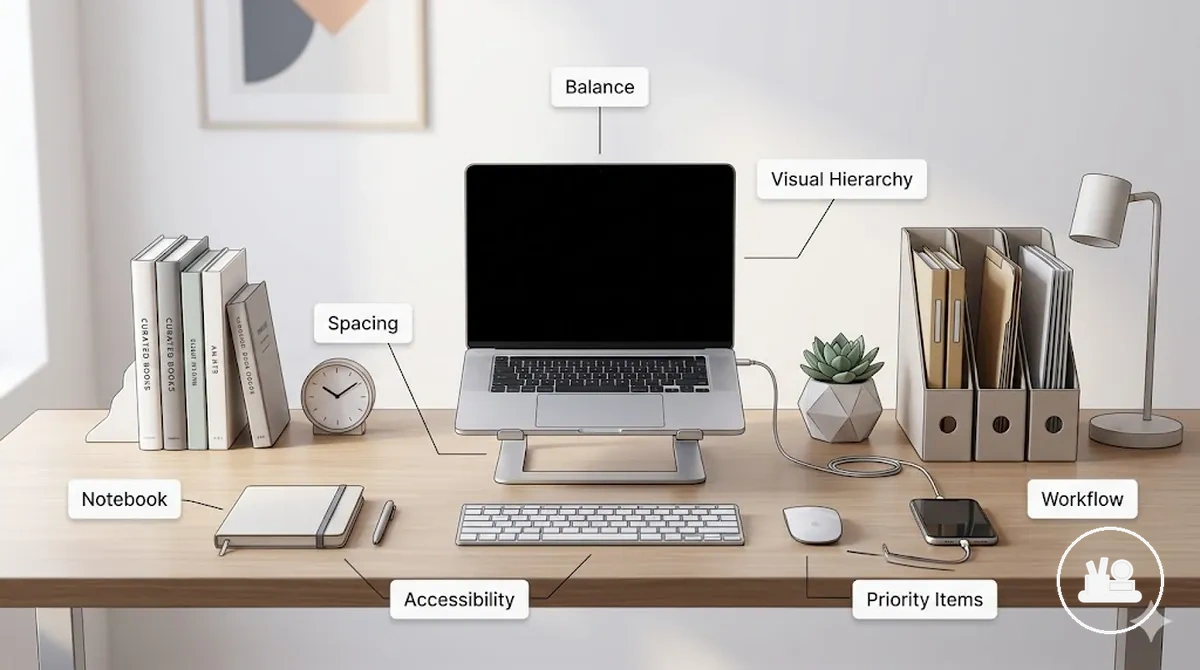 Balanced desk layout showing accessibility and visual hierarchy