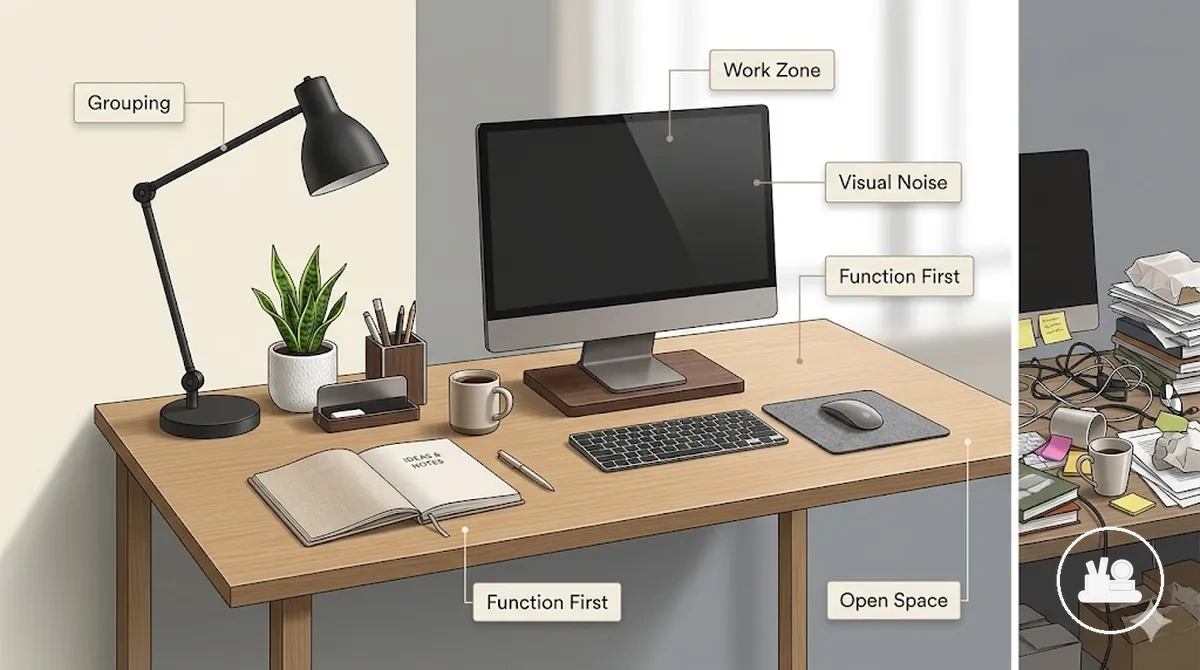 Organized desk with clear workspace and grouped accessories