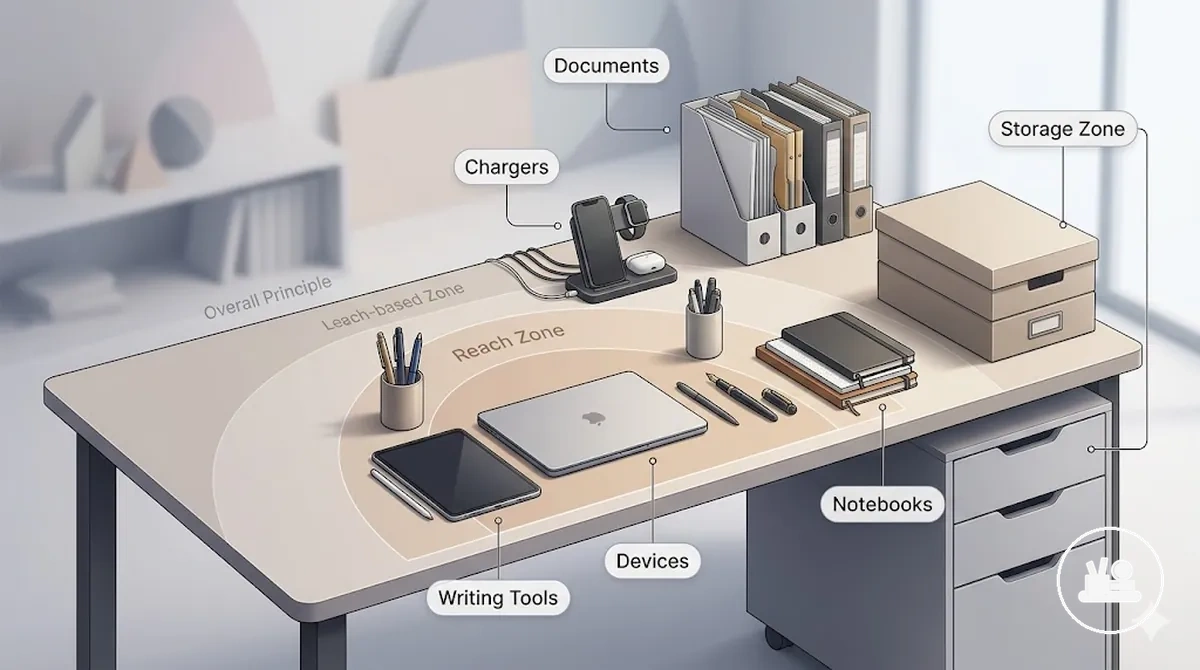 Desk surface annotated with daily work items, reachable tools, storage, and device area