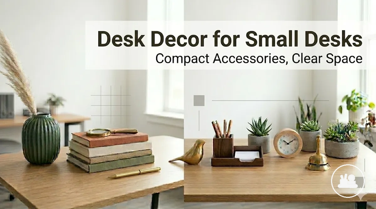 Compact desk decor accessories arranged on a small desk without overcrowding