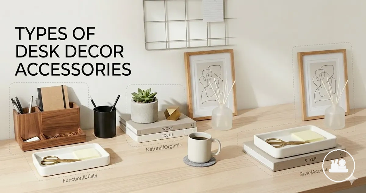 Different types of desk decor accessories grouped by function and decorative style