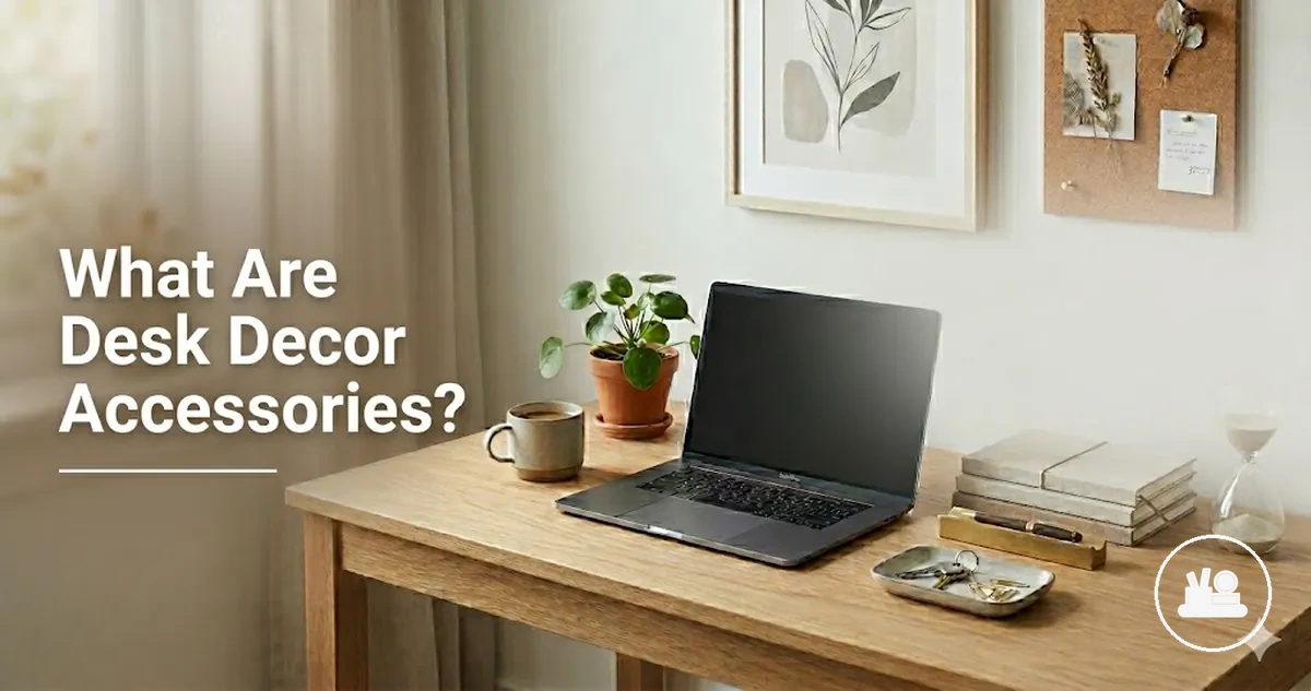Common desk decor accessories including organizers, trays, holders, and decorative objects