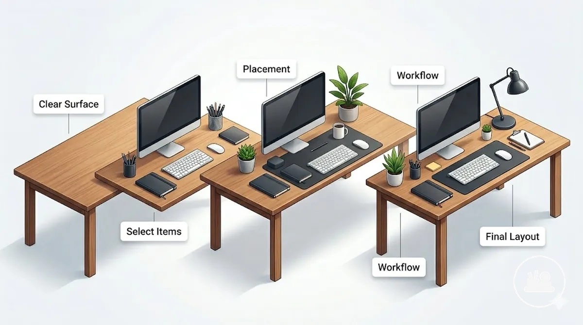 Accesorios decorativos de escritorio pequeños colocados en un espacio de trabajo compacto