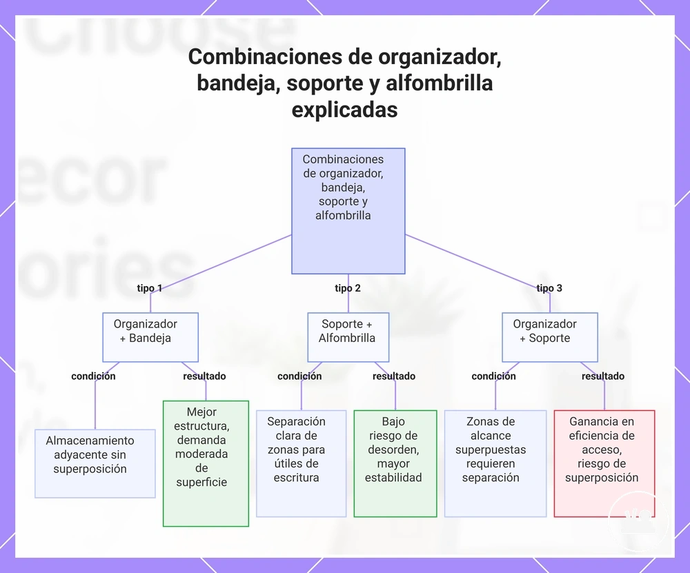 Combinaciones de organizador, bandeja, soporte y alfombrilla explicadas