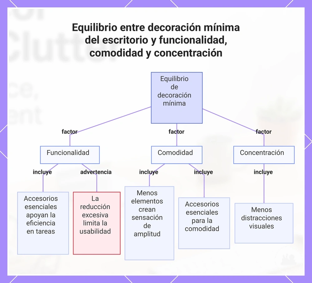 Equilibrio entre decoración mínima del escritorio y funcionalidad, comodidad y concentración