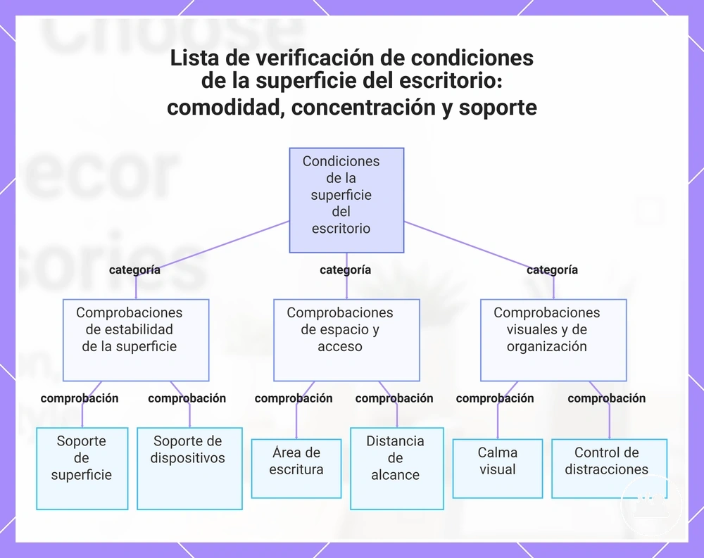 Lista de verificación de condiciones de la superficie del escritorio: comodidad, concentración y soporte