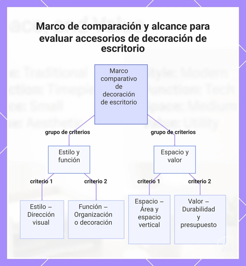 Marco de comparación y alcance para evaluar accesorios de decoración de escritorio