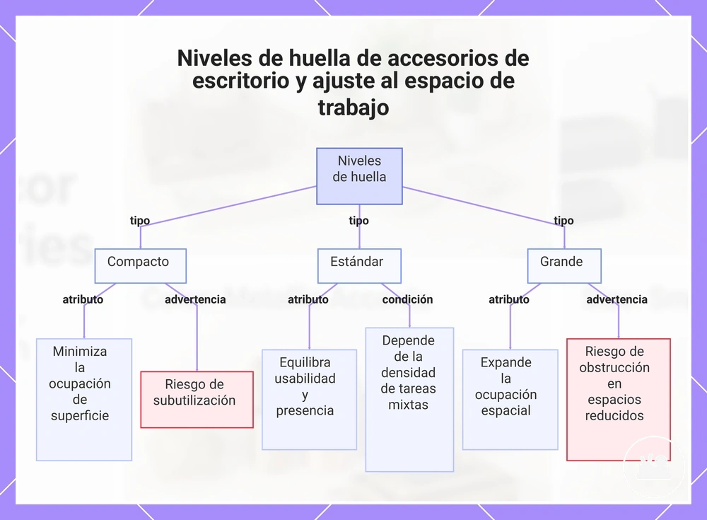 Niveles de huella de accesorios de escritorio y ajuste al espacio de trabajo