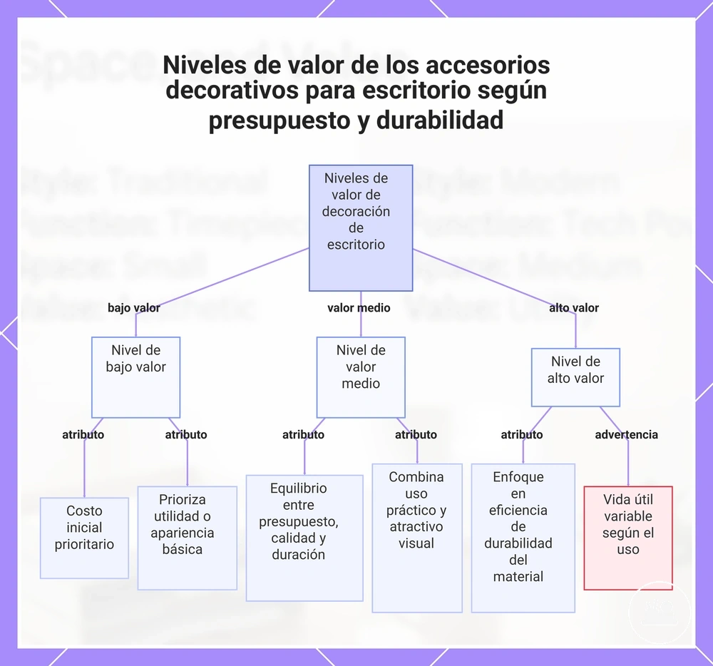 Niveles de valor de los accesorios decorativos para escritorio según presupuesto y durabilidad