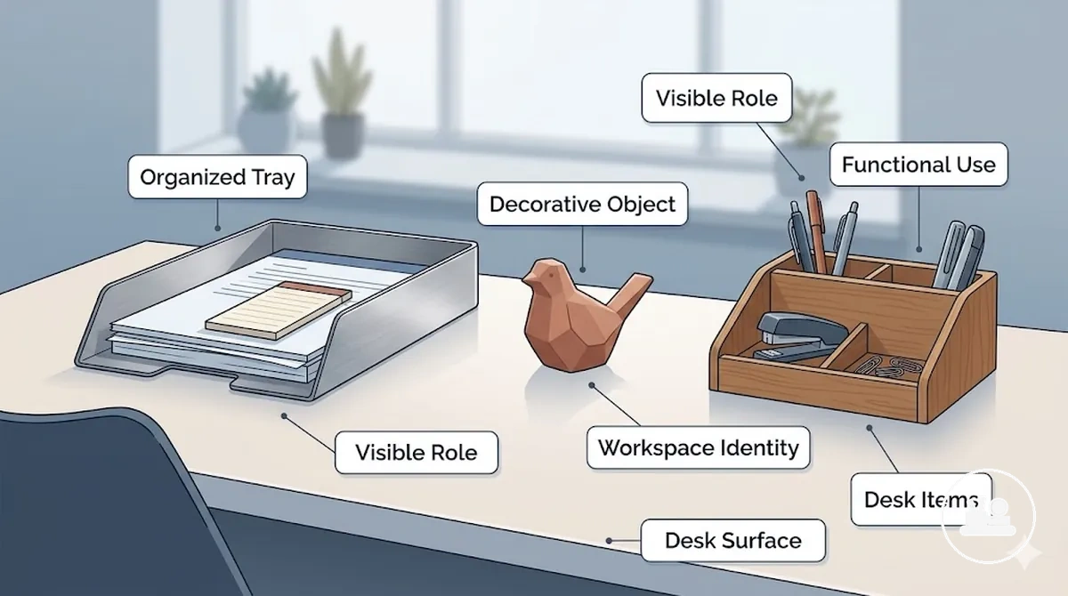 Accesorios decorativos para escritorio que incluyen un organizador, un soporte bandeja y un pequeño adorno sobre una superficie de escritorio