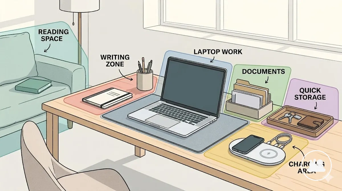 tareas de trabajo y uso diario del escritorio mostradas con zonas de accesorios de escritorio etiquetadas que incluyen áreas de escritura, trabajo con portátil, manejo de documentos y carga