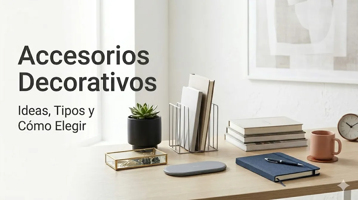 Escritorio decorado con varios accesorios decorativos colocados de forma ordenada