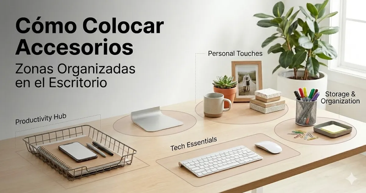 Accesorios decorativos para escritorio organizados en zonas sobre la superficie de trabajo