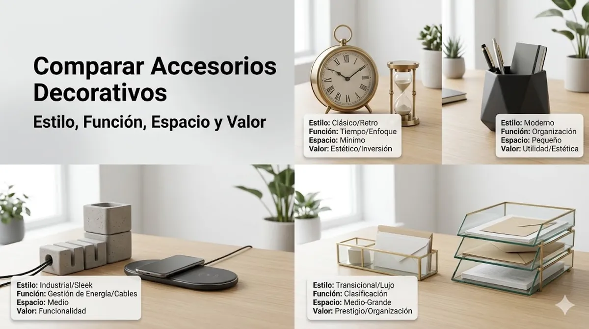Accesorios decorativos para escritorio comparados por estilo, función, necesidades de espacio y valor