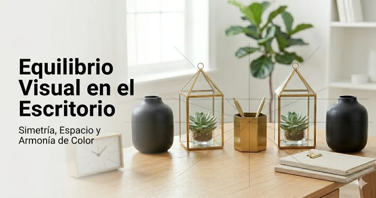 Accesorios decorativos para escritorio equilibrados con simetría, espaciado y armonía de color
