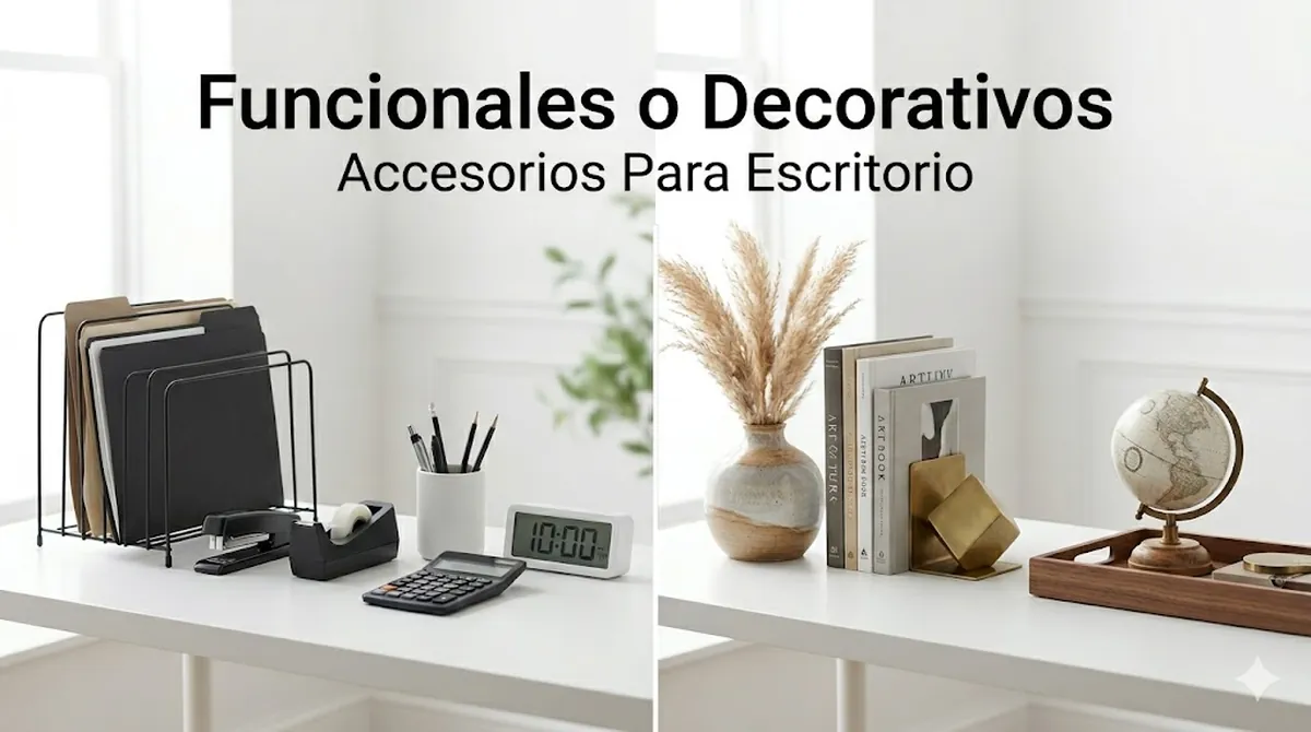 Accesorios funcionales y decorativos para escritorio comparados sobre una mesa