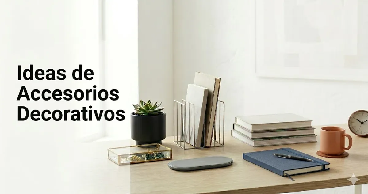 Ideas de accesorios decorativos para escritorio sobre una mesa limpia y organizada