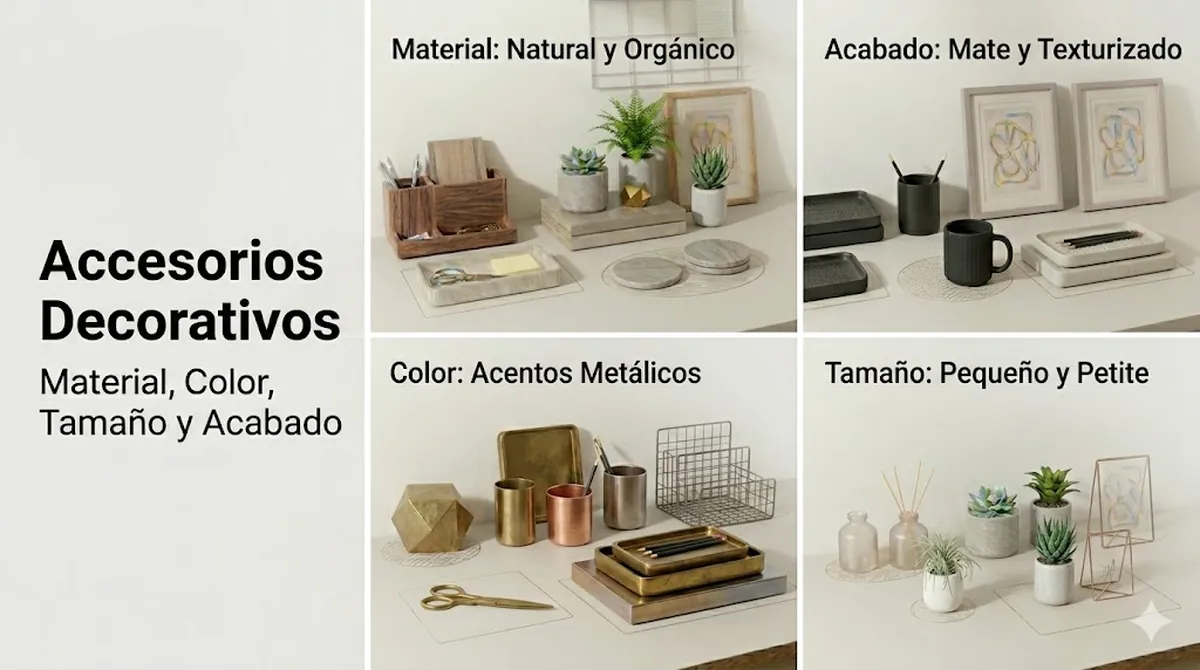 Accesorios decorativos para escritorio organizados por material, color, tamaño y acabado